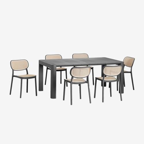 Ensemble Table Rectangulaire Arnadine (180x100 Cm) Et 6 Chaises De Salle À Manger Empilables Omara Gris Graphite