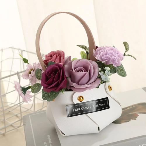 Boîte à fleurs en cuir BLANC, boite portable, fleurs artificielles pour toutes occasions, fête des mères, Saint Valentin, cadeau, décoration