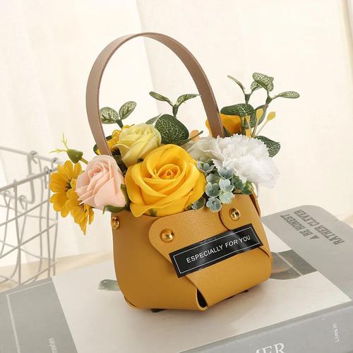 Boîte à fleurs en cuir JAUNE, boite portable, fleurs artificielles pour toutes occasions, fête des mères, Saint Valentin, cadeau, décoration