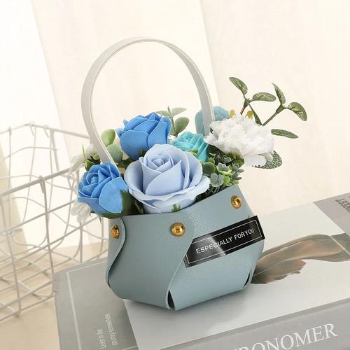 Boîte à fleurs en cuir BLEU, boite portable, fleurs artificielles pour toutes occasions, fête des mères, Saint Valentin, cadeau, décoration