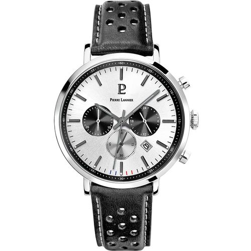 Montre Homme Baron Cadran Argenté Bracelet Cuir Perforé Noir