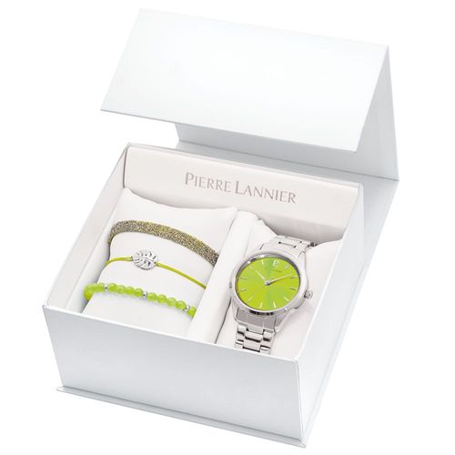 Coffret Femme Roxane Cadran Vert Bracelet Acier Argenté