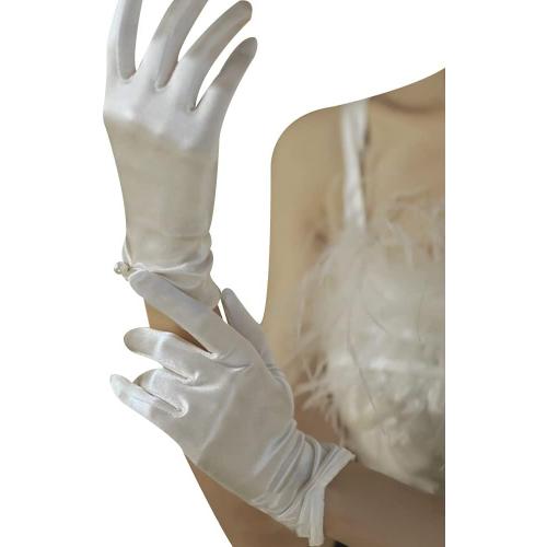 Gants Mariage, Gants de Mariée Femme Gants de Mariage Court en Satin Gants élégants avec des Perles Gants en Dentelle Gants Courts Gants d'Opéra Gants Mariage Élastiques Mariage Blanc