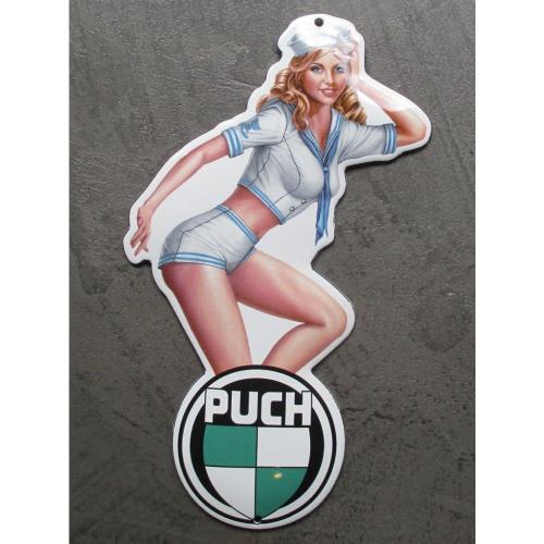 Mini Plaque Emaillée Pin Up En Habit De Marin Logo Moto Puch Tole Email Deco Garage