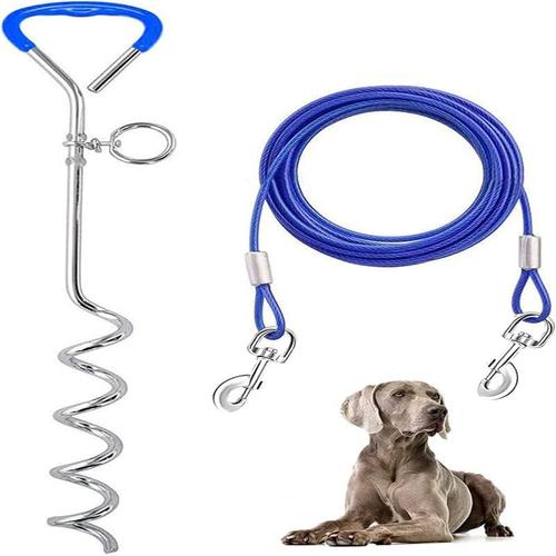 Câble Attache Chien, Câbles Et Piquets D'attache Bleu Grande Taille, Ancrage Au Sol Pour Chien, Piquet De Terre, Laisse Pour Chien Plage + Corde De 3 M