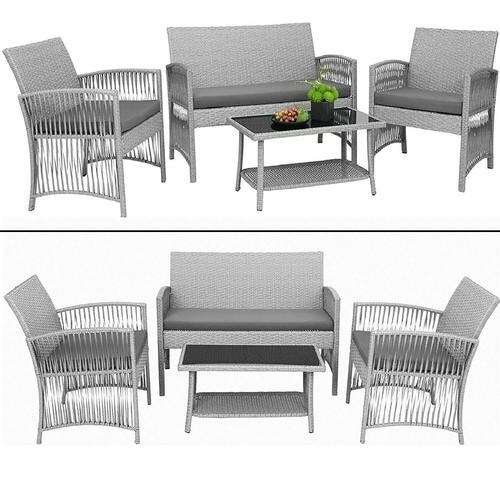 Rotin Salon De Jardin Exterieur,4 Pièces,1 X Canapé Double + 2 X Fauteuils Simples + 1 X Table Basse + 3 X Coussins D'assise, Mobilier De Balcon, Adapté Pour Terrasse, Extérieur, Gris,