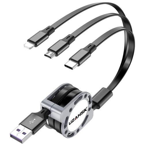 Multi-USB RÉTractable Câble De Charge, Paquet De 1 Câbles De Charge USB 3 en 1, Par Avec Port ip/Micro/Type-C, Les Tablettes Samsung Huawei Phone XS/X/s8/7 Utilisent La Charge. (Nero)