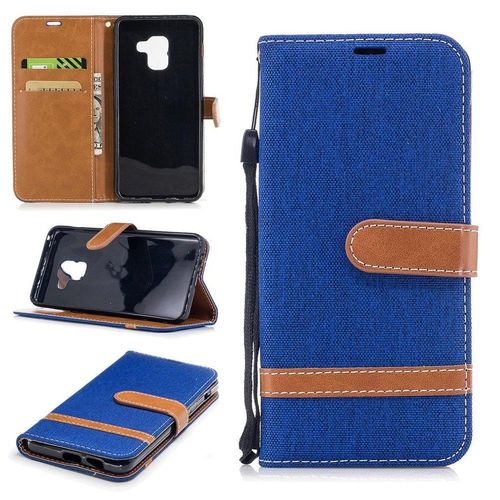 Samsung Galaxy A8 (2018) Coque, Saturcase Premium Jeans Style Denim Et Pu Cuir Magnétique Flip Portefeuille Support Porte-Carte Protecteur Case Cover Coque Housse Étui Avec Dragonne Pour Samsung Galaxy A8 (2018) (Bleu)
