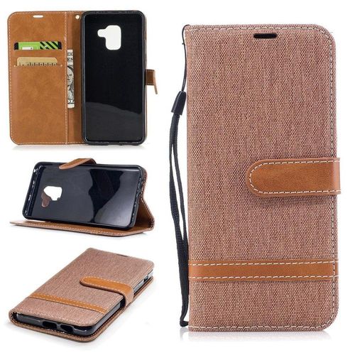 Samsung Galaxy A8 (2018) Coque, Saturcase Premium Jeans Style Denim Et Pu Cuir Magnétique Flip Portefeuille Support Porte-Carte Protecteur Case Cover Coque Housse Étui Avec Dragonne Pour Samsung Galaxy A8 (2018) (Brun)