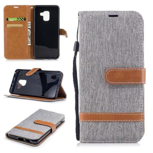 Samsung Galaxy A8 (2018) Coque, Saturcase Premium Jeans Style Denim Et Pu Cuir Magnétique Flip Portefeuille Support Porte-Carte Protecteur Case Cover Coque Housse Étui Avec Dragonne Pour Samsung Galaxy A8 (2018) (Gris)