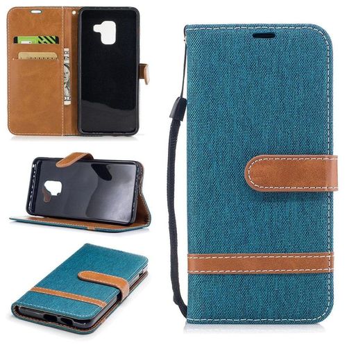 Samsung Galaxy A8 (2018) Coque, Saturcase Premium Jeans Style Denim Et Pu Cuir Magnétique Flip Portefeuille Support Porte-Carte Protecteur Case Cover Coque Housse Étui Avec Dragonne Pour Samsung Galaxy A8 (2018) (Vert)
