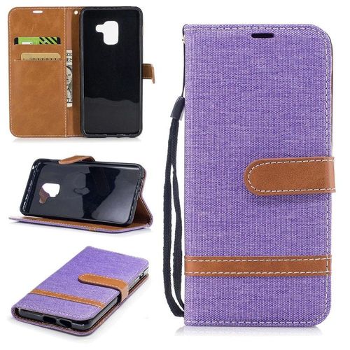 Samsung Galaxy A8 (2018) Coque, Saturcase Premium Jeans Style Denim Et Pu Cuir Magnétique Flip Portefeuille Support Porte-Carte Protecteur Case Cover Coque Housse Étui Avec Dragonne Pour Samsung Galaxy A8 (2018) (Violet)