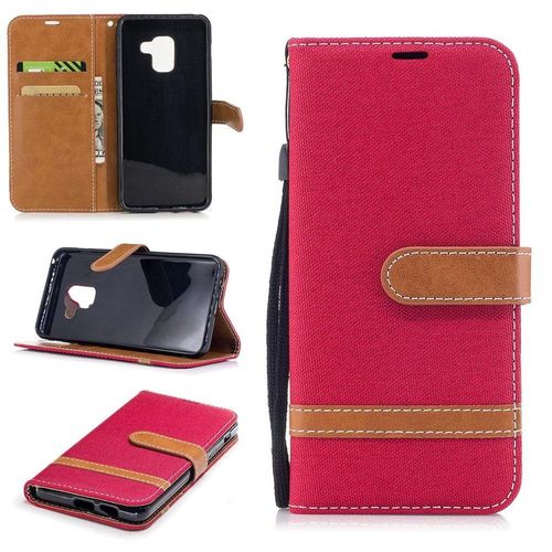 Samsung Galaxy A8 (2018) Coque, Saturcase Premium Jeans Style Denim Et Pu Cuir Magnétique Flip Portefeuille Support Porte-Carte Protecteur Case Cover Coque Housse Étui Avec Dragonne Pour Samsung Galaxy A8 (2018) (Rouge)
