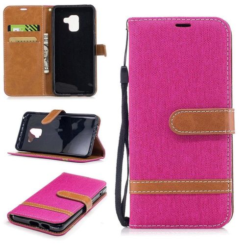 Samsung Galaxy A8 (2018) Coque, Saturcase Premium Jeans Style Denim Et Pu Cuir Magnétique Flip Portefeuille Support Porte-Carte Protecteur Case Cover Coque Housse Étui Avec Dragonne Pour Samsung Galaxy A8 (2018) (Rose)