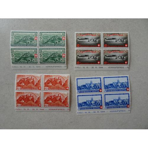 Timbres Suisse 395 À 398 Yvert En Blocs De 4 Avec Date Trace De Charnière Sur Les Timbres Supérieurs