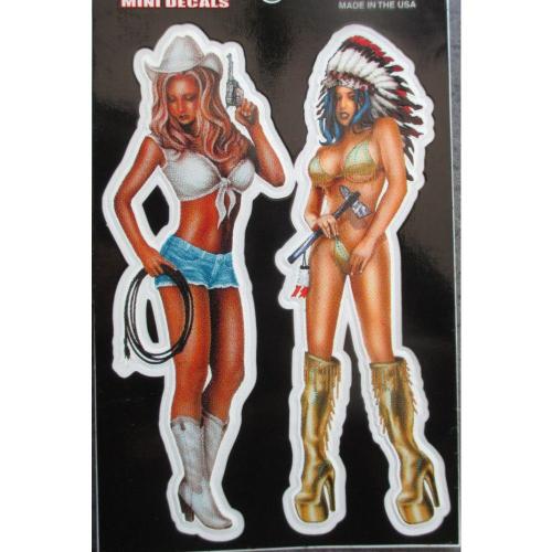 Petit Sticker Pin Up Cow Girl Et Indienne Sexy Autocollant Transparent