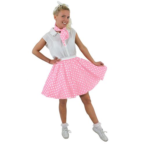 Jupe Courte Pour Adulte Rose Clair À Pois Blancs Style Rock'n Roll Des Années 50 Avec Un Petit Foulard Assorti