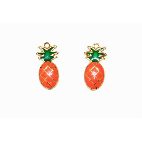 2 Breloques Charms Pendants Fruit : Ananas En Métal Doré Emaillé Vert Et Orange