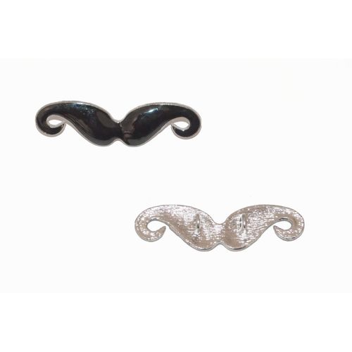 Pendentif Intercalaire Séparateur En Métal Argenté Emaillé Noir : Moustache 14 X 50 Mm
