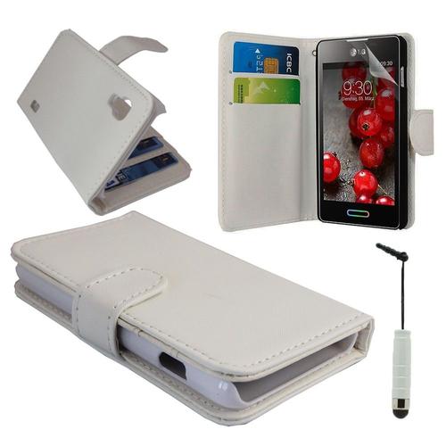 Etui Portefeuille Pour Lg Optimus L5 Ii E460 Livre Housse Coque Pochette Cuir Pu - Blanc + Mini Stylet