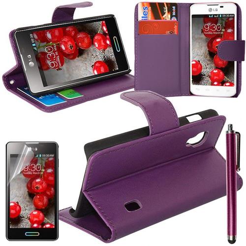 Etui Portefeuille Pour Lg Optimus L5 Ii E460 Support Video Cuir Pu - Violet + Stylet