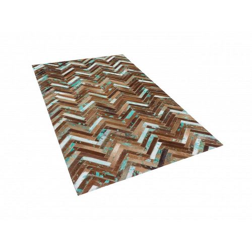 Tapis Patchwork Marron Beige Et Bleu En Cuir 80 X 150 Cm Amasya