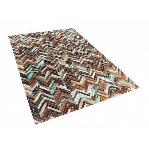 Tapis Patchwork Marron Beige Et Bleu En Cuir 140 X 200 Cm Amasya