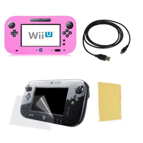 Pack 3 En 1 Nintendo Wii U Gamepad : Housse Silicone Rose - Chargeur Usb 3.0 - Protection Écran