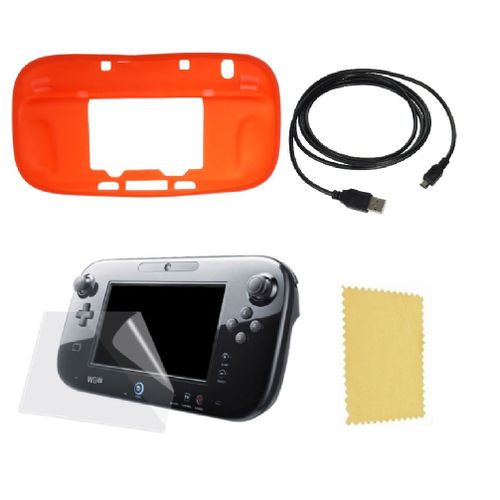 Pack 3 En 1 Nintendo Wii U Gamepad : Housse Silicone Rouge - Chargeur Usb 3.0 - Protection Écran