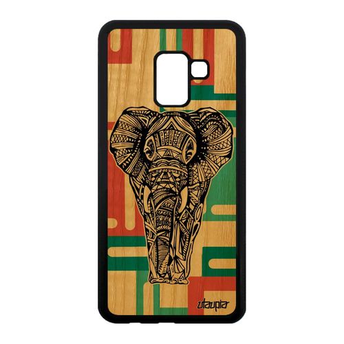 Coque Elephant Samsung Galaxy A8 2018 Bois Silicone Vert Carré Ethnique Animaux