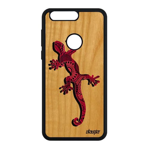 Coque Antichoc Rigide Honor 8 En Bois Silicone Salamandre Motif Lezard Etui Rose