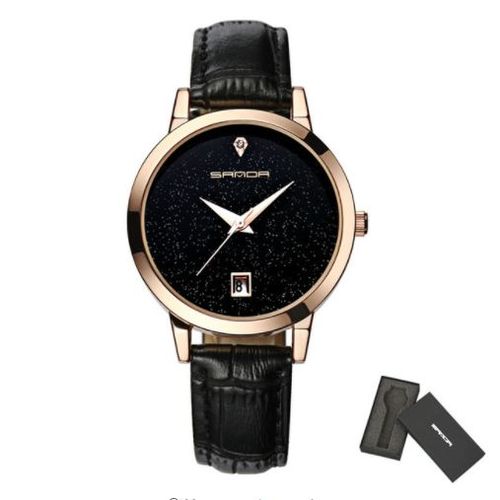 Montre De Luxe Pour Femme, Étanche 30m De Marque Sanda, Montre Quartz Heure & Calendrier Date, Bracelet En Cuir Noir Et Coffret