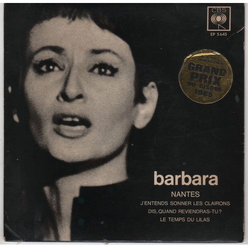 Disque 45 Tours Barbara (1964 Cbs Ep 5645) - 4 Titres - Grand Prix Du Disque 65