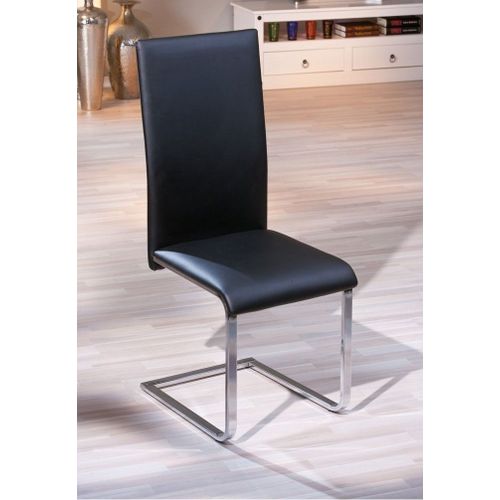 Chaise Salle A Manger Salon Design Noire Siege Haut Dossier Rembourre En Cuir Pu Lavable Confort Robuste 45x60x100cm Pied Acier Chrome En U Piètement Métallique Brillant Structure Contemporain Solide