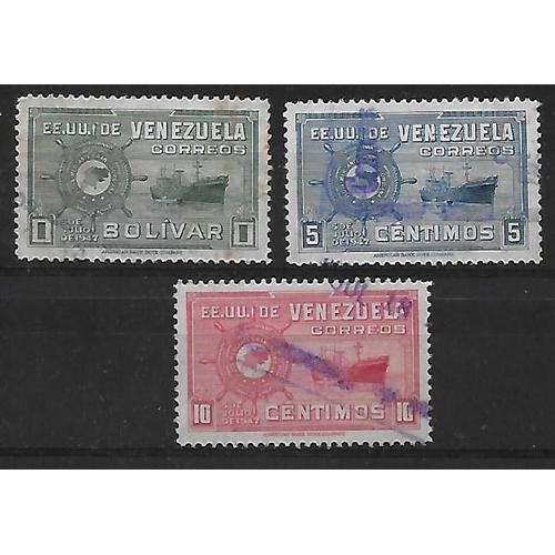 Venezuela 1948 : Fondation De La Flotte Marchande De La Grande Colombie (Colombie, Equateur, Vénézuéla) - Série De 3 Timbres Oblitérés