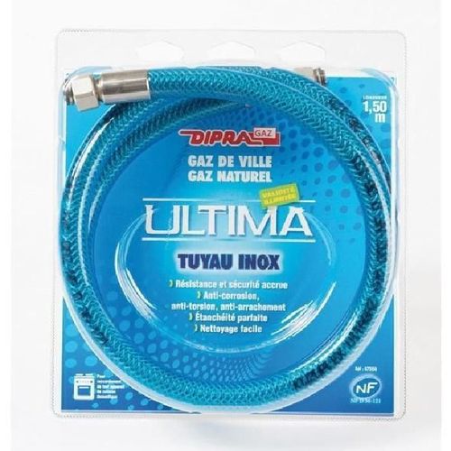 DIPRA Flexible inox vitagaz gaz naturel NF 1.5m - écrous 15/21 - durée illimitée