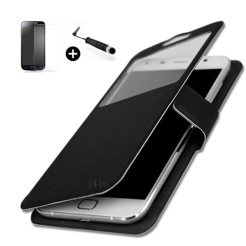 Soshphone 4g Super Pack Etui Fenêtres Housse Coque Folio Noir Cuir Pu Qualité + Mini Stylet Screen Touch + Verre Trempé Dureté 9h, Ultra-Mince, Anti-Rayures, Anti-Traces, Haute-Réponse, Haute Transparence By Ph26®