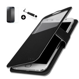 Wiko View Lite Super Pack Etui Fenêtres Housse Coque Folio Noir Cuir Pu Qualité + Mini Stylet Screen Touch + Verre Trempé Dureté 9h, Ultra-Mince, Anti-Rayures, Anti-Traces, Haute-Réponse, Haute Transparence By Ph26®
