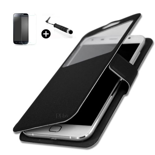 Meizu M3 Note Super Pack Etui Fenêtres Housse Coque Folio Noir Cuir Pu Qualité + Mini Stylet Screen Touch + Verre Trempé Dureté 9h, Ultra-Mince, Anti-Rayures, Anti-Traces, Haute-Réponse, Haute Transparence By Ph26®