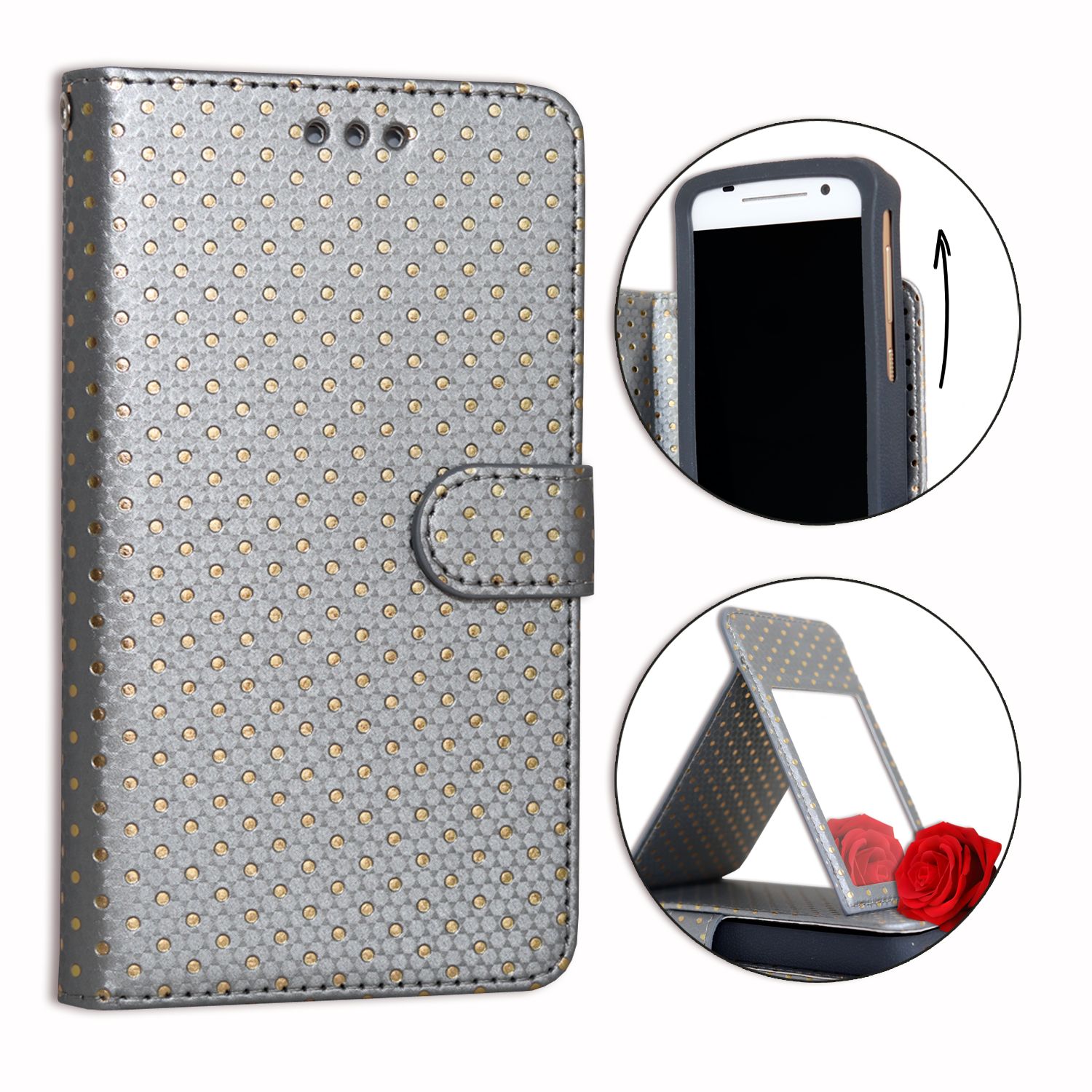 Ph26® Etui Housse Folio Argent À Pois Dorés Pour Samsung Galaxy Grand I9080 En Éco-Cuir Avec Porte Cartes, Miroir Et Surpiqures Apparentes