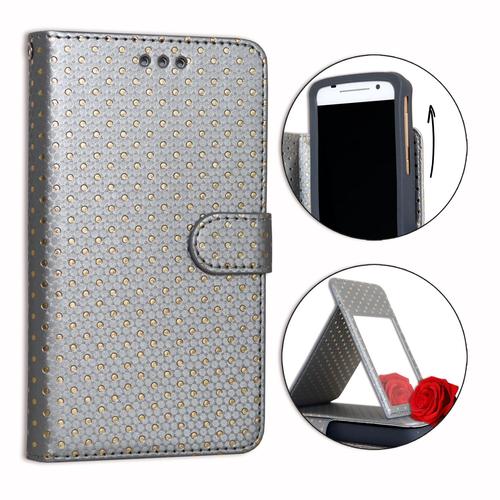 Ph26® Etui Housse Folio Argent À Pois Dorés Pour Samsung Galaxy Grand Neo En Éco-Cuir Avec Porte Cartes, Miroir Et Surpiqures Apparentes