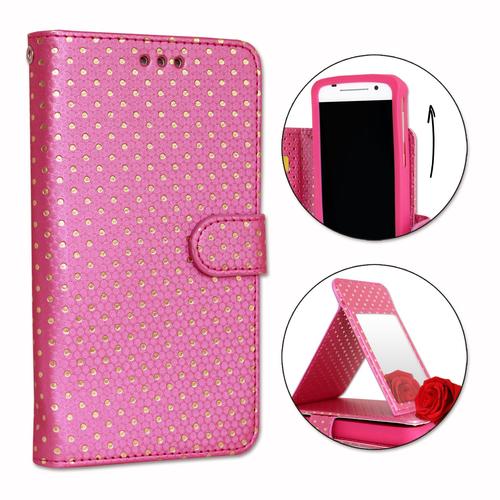 Ph26® Etui Housse Folio Fushia À Pois Dorés Pour Lenovo K5 Plus En Éco-Cuir Avec Porte Cartes, Miroir Et Surpiqures Apparentes