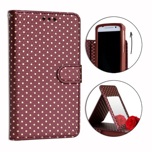 PH26® Etui housse folio marron à pois dorés pour Blu Studio C Super Camera en éco-cuir avec porte cartes, miroir et surpiqures apparentes
