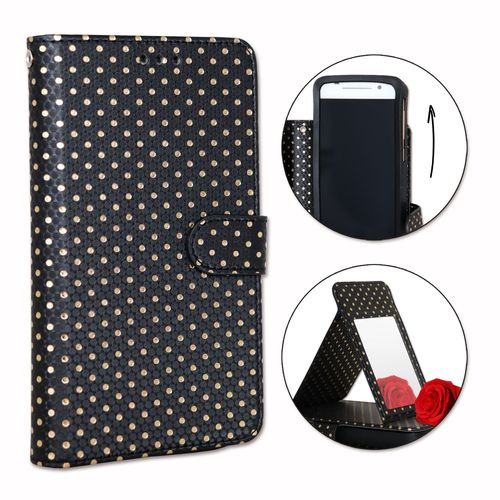 PH26® Etui housse folio noir à pois dorés pour Blu Studio C Super Camera en éco-cuir avec porte cartes, miroir et surpiqures apparentes