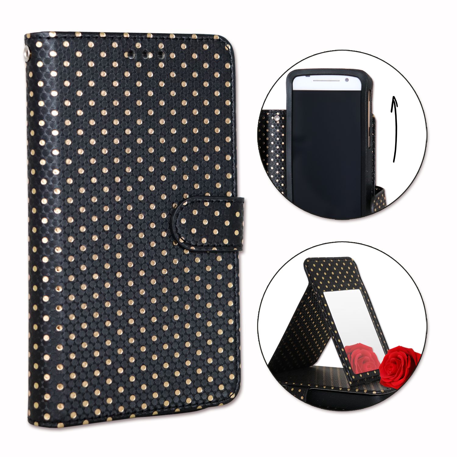 Ph26® Etui Housse Folio Noir À Pois Dorés Pour Logicom L-Ement 501 En Éco-Cuir Avec Porte Cartes, Miroir Et Surpiqures Apparentes