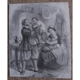 Gravure 19° Famille Paysanne Scène De Genre