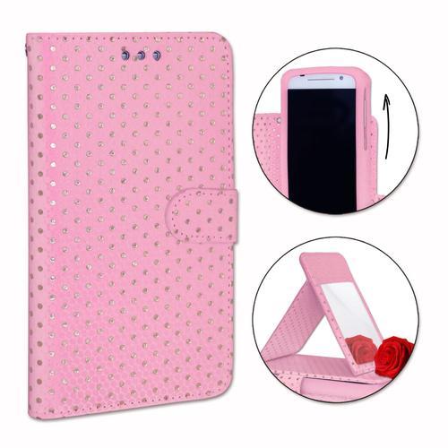 Ph26® Etui Housse Folio Rose À Pois Dorés Pour Danew Surnaturel R500 By Rohff En Éco-Cuir Avec Porte Cartes, Miroir Et Surpiqures Apparentes