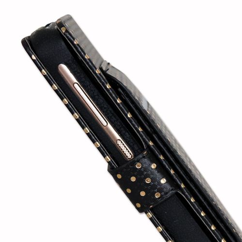 Ph26® Etui Housse Folio Noir À Pois Dorés Pour Huawei Nova Plus En Éco-Cuir Avec Porte Cartes, Miroir Et Surpiqures Apparentes