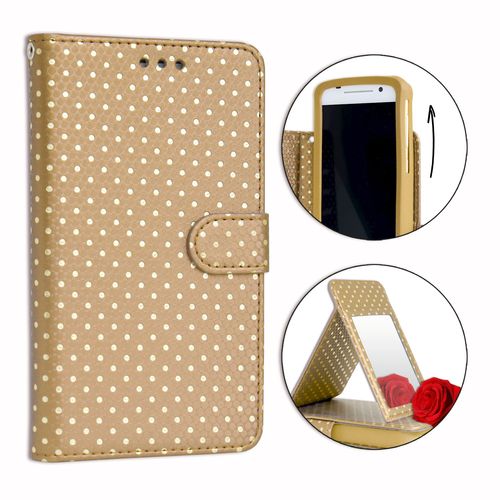 Ph26® Etui Housse Folio Or Gold À Pois Dorés Pour Sony Xperia M2 En Éco-Cuir Avec Porte Cartes, Miroir Et Surpiqures Apparentes