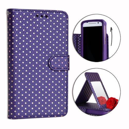 Ph26® Etui Housse Folio Violet À Pois Dorés Pour Samsung Galaxy A3 (2017) En Éco-Cuir Avec Porte Cartes, Miroir Et Surpiqures Apparentes